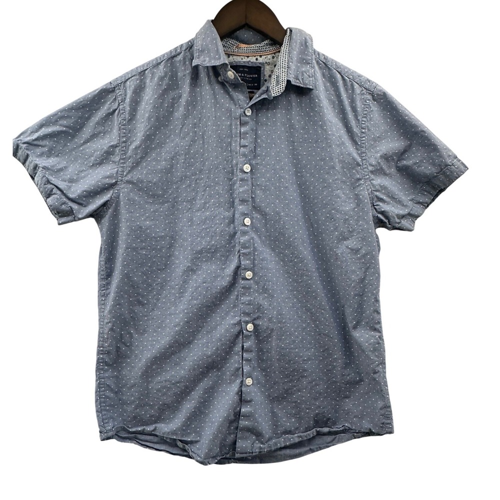 Denim & Flower Button Down Mens Small Blue Excellent Polka Dot Slim Fit Shirt
